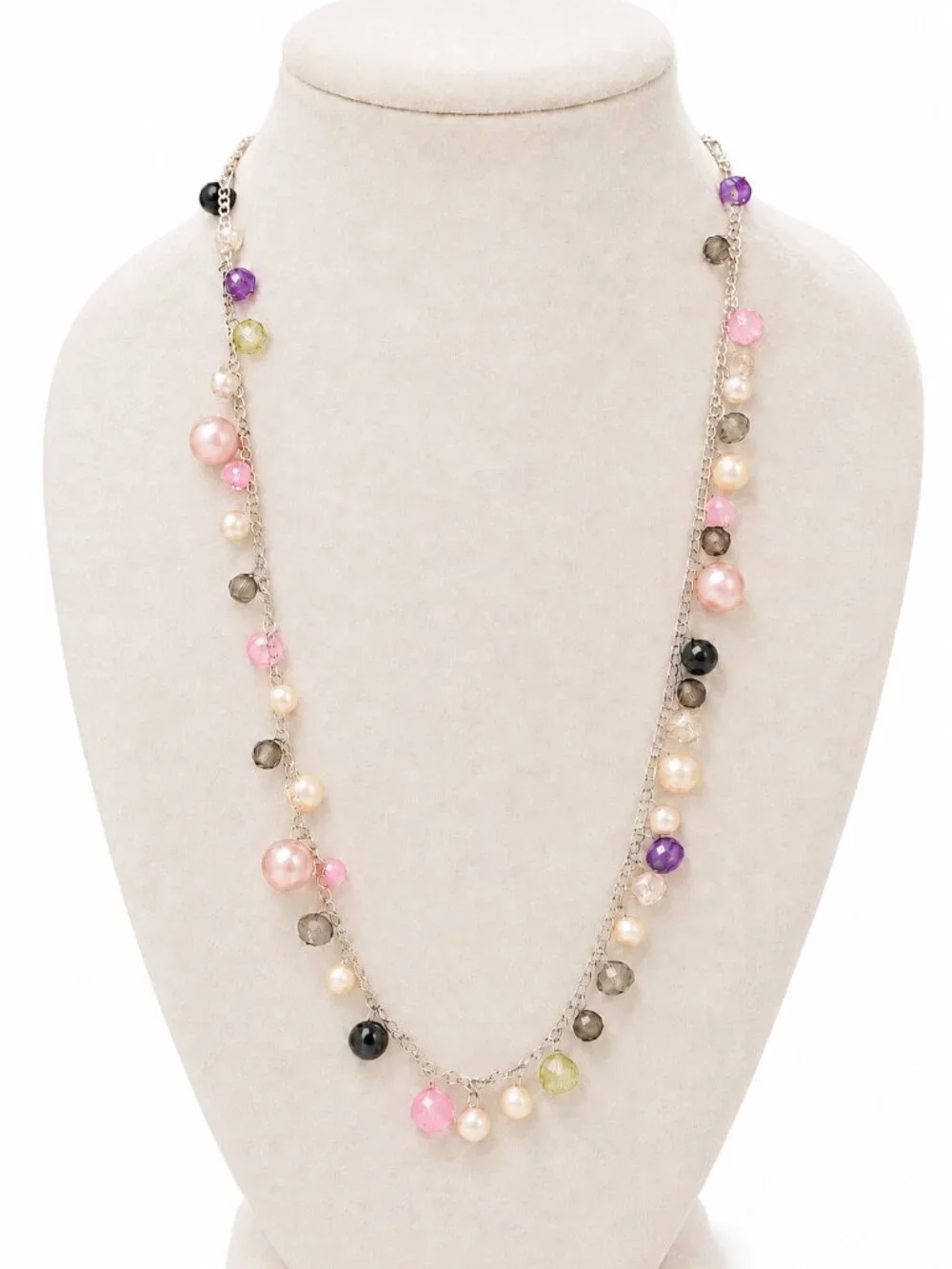 Silver-Tone Multicolor Beaded Station Necklace